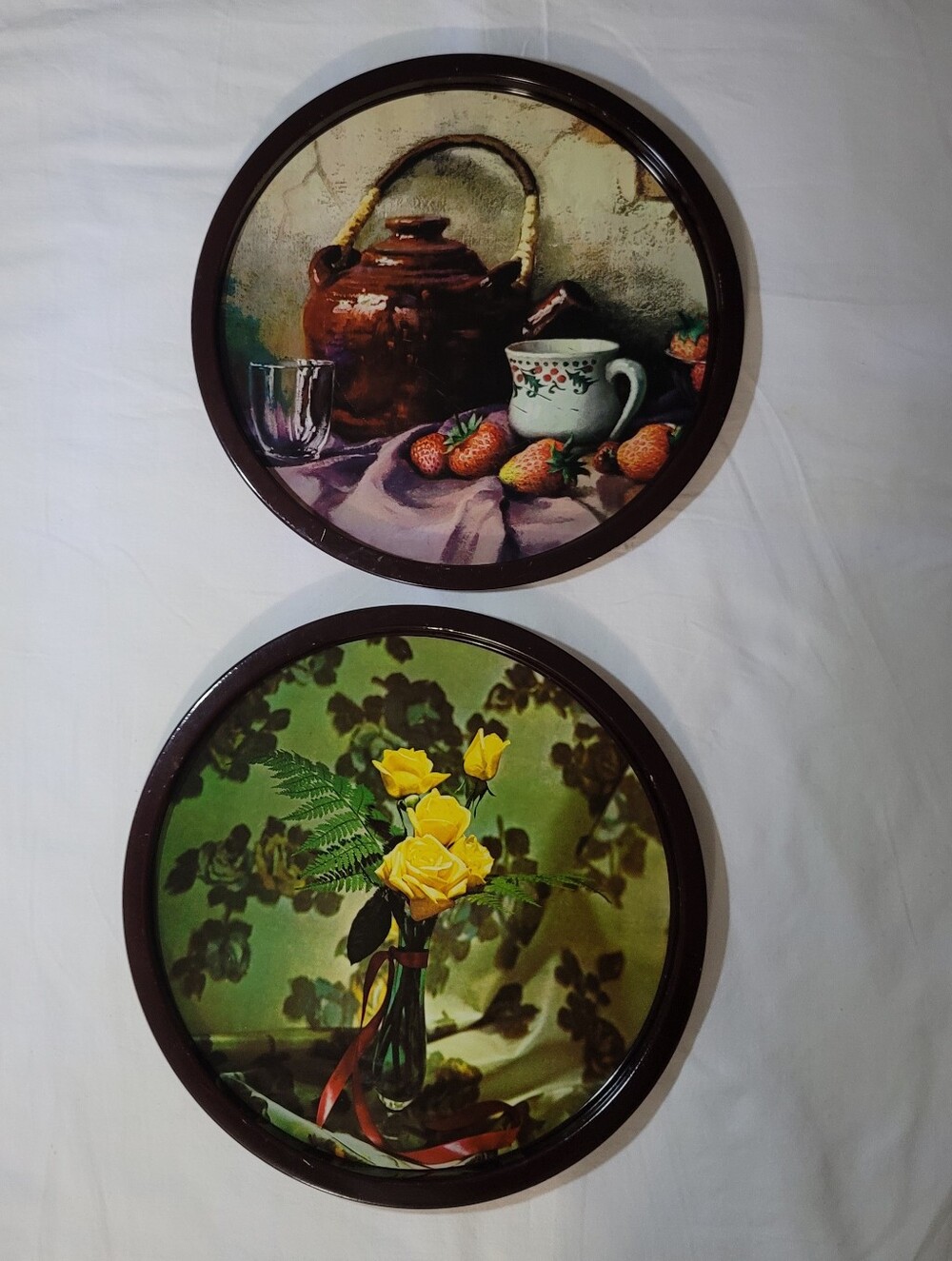 Vintage Round Decorative Trays with Still Life & Yellow Rose Artwork